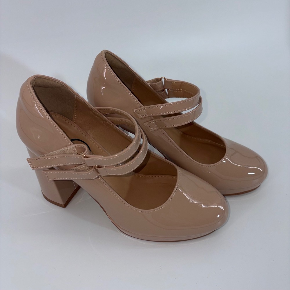 Trary Nude Patent Double Strap Mary Jane Block Heel Pumps Size 6